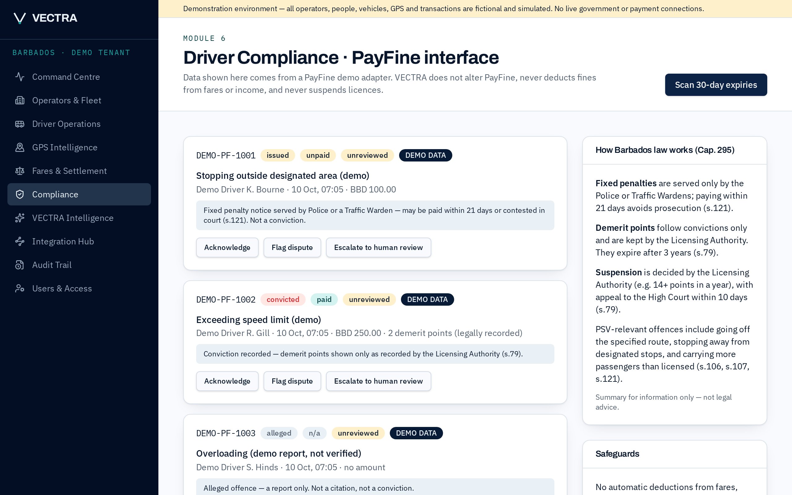 VECTRA Compliance screen showing demonstration tickets and a summary of Barbados law
