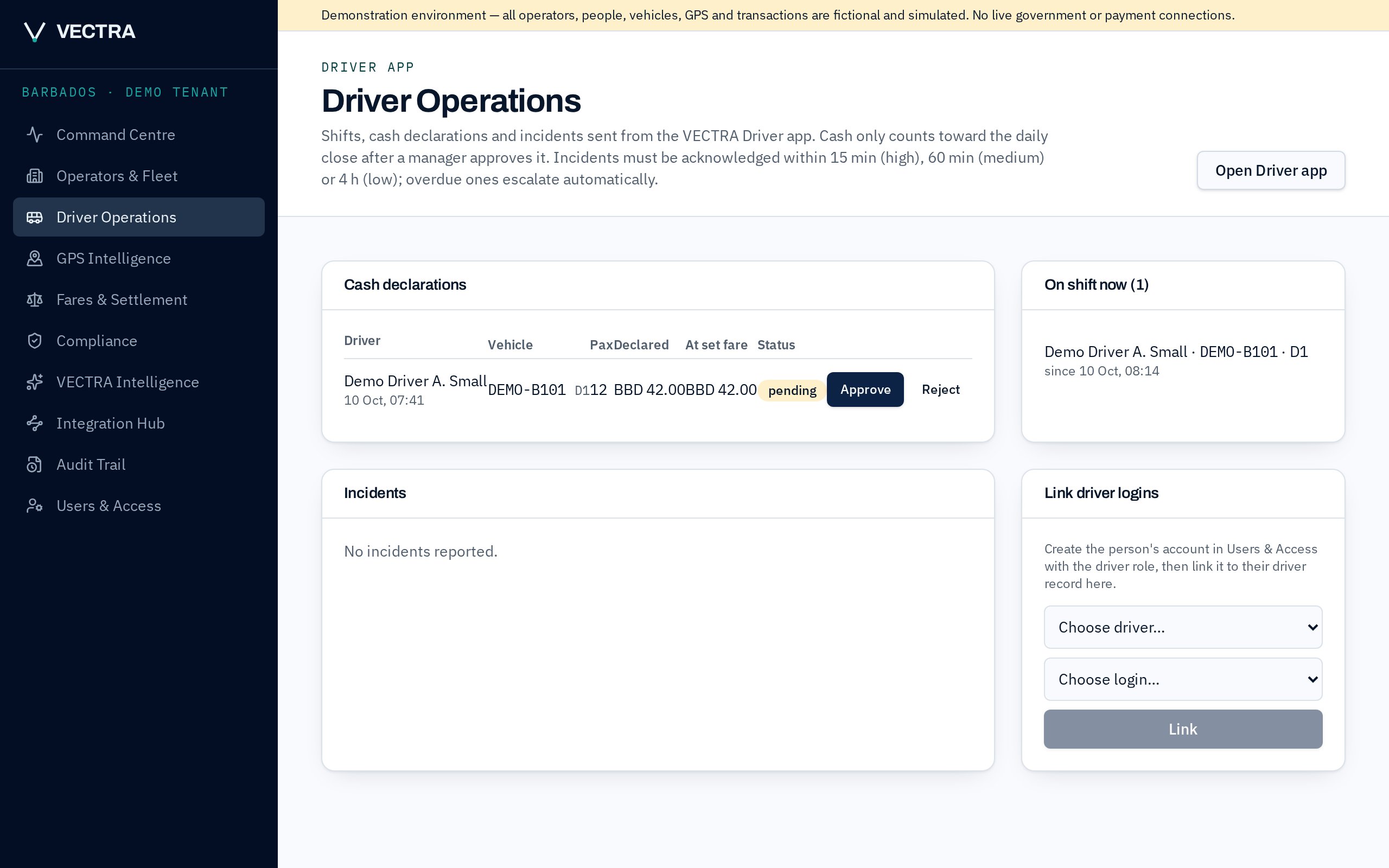 VECTRA Driver Operations screen with a pending cash declaration and a driver on shift